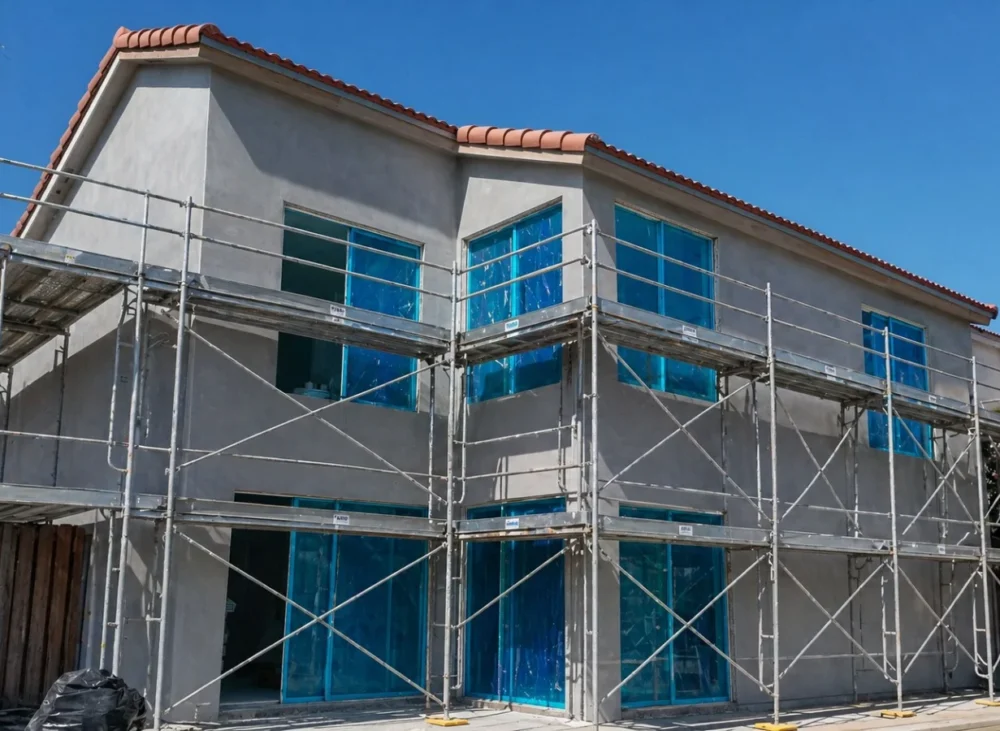 Two-story home under construction with blue protective glass, Miami, FL