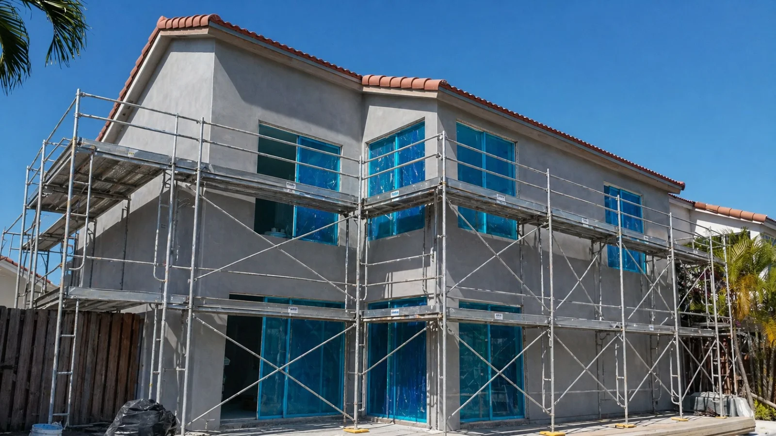 Casa de dos pisos en construcción con cristales azules de protección, Miami FL